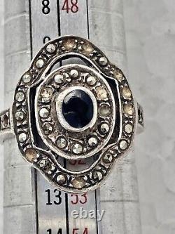 Bague marquise ancienne en argent massif, onyx et marcassites, jewelry