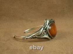 Beau Bracelet Ancien Art Nouveau En Argent Massif Et Ambre