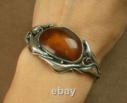 Beau Bracelet Ancien Art Nouveau En Argent Massif Et Ambre