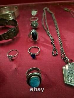 Beau Lot De 25 Bijoux Ancien Argent Massif Collier Bracelet Bague 236 Grammes