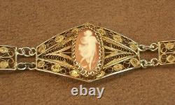 Bel Ancien Bracelet Camee En Argent Massif Doré Vermeil Filigrane