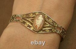 Bel Ancien Bracelet Camee En Argent Massif Doré Vermeil Filigrane
