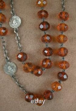 Bel Ancien Chapelet perles ambre naturelle et argent massif Art Nouveau