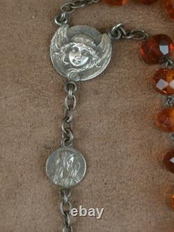 Bel Ancien Chapelet perles ambre naturelle et argent massif Art Nouveau
