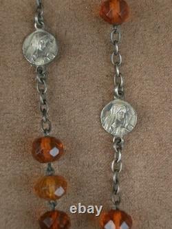 Bel Ancien Chapelet perles ambre naturelle et argent massif Art Nouveau