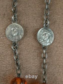 Bel Ancien Chapelet perles ambre naturelle et argent massif Art Nouveau