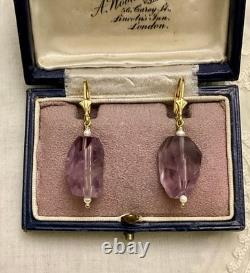 Belles Anciennes Boucles D'oreilles Argent Or Améthyste Perle Fine