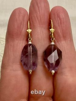 Belles Anciennes Boucles D'oreilles Argent Or Améthyste Perle Fine