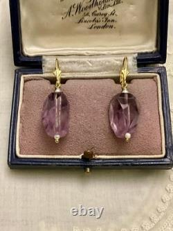 Belles Anciennes Boucles D'oreilles Argent Or Améthyste Perle Fine