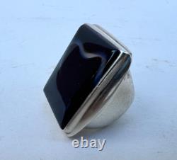 Bijou Ancien 1960-1970 Bague Argent Massif et Pierre Agate Noire