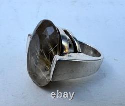 Bijou Ancien Bague Argent Massif et Pierre Quartz Rutile à Inclusions 1960-70