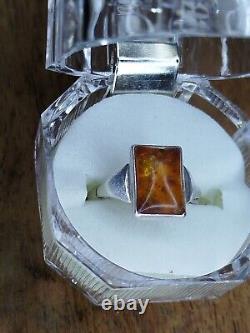 Bijou ancien Bague argent massif Pierre ambre naturel XXème 1980