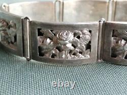 Bijou ancien bracelet argent massif, décor de roses