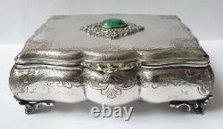 Boite à bijoux en argent massif + vermeil + malachite silver box ancien