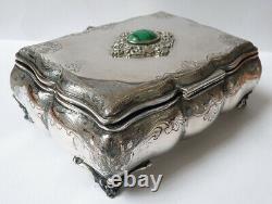Boite à bijoux en argent massif + vermeil + malachite silver box ancien
