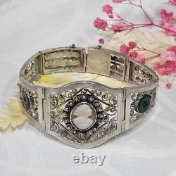 Bracelet Ancien Artisanal Argent Camée Perles Verre Travail Canetille 21,5 Cm