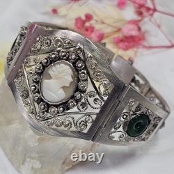 Bracelet Ancien Artisanal Argent Camée Perles Verre Travail Canetille 21,5 Cm