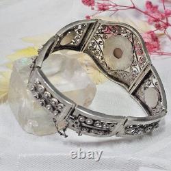 Bracelet Ancien Artisanal Argent Camée Perles Verre Travail Canetille 21,5 Cm