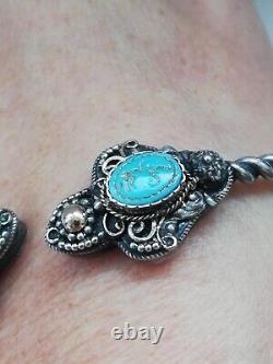 Bracelet Ancien En argent Massif Silver 925 Jonc Créateur turquoises gravé