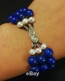 Bracelet Ancien Lapis Lazuli Fermoir En Argent Massif