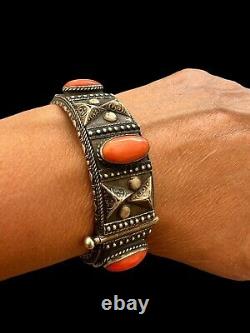 Bracelet Argent Massif Corail Ethnique Art Déco Vintage Ancien