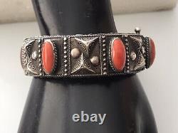 Bracelet Argent Massif Corail Ethnique Art Déco Vintage Ancien
