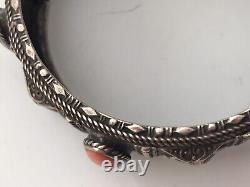 Bracelet Argent Massif Corail Ethnique Art Déco Vintage Ancien
