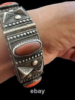 Bracelet Argent Massif Corail Ethnique Art Déco Vintage Ancien