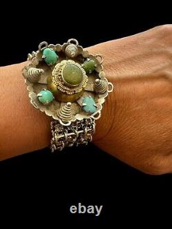 Bracelet Argent Massif Vintage Ancien Floral Ethnique Turquoise Poinconné 78.40g