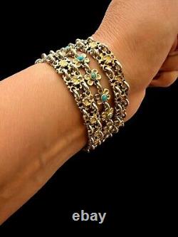 Bracelet Argent Massif Vintage Ancien Floral Ethnique Turquoise Poinconné 78.40g