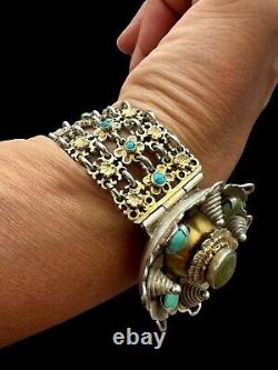 Bracelet Argent Massif Vintage Ancien Floral Ethnique Turquoise Poinconné 78.40g