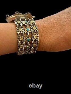 Bracelet Argent Massif Vintage Ancien Floral Ethnique Turquoise Poinconné 78.40g