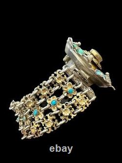 Bracelet Argent Massif Vintage Ancien Floral Ethnique Turquoise Poinconné 78.40g