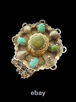 Bracelet Argent Massif Vintage Ancien Floral Ethnique Turquoise Poinconné 78.40g