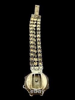 Bracelet Argent Massif Vintage Ancien Floral Ethnique Turquoise Poinconné 78.40g