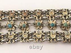 Bracelet Argent Massif Vintage Ancien Floral Ethnique Turquoise Poinconné 78.40g