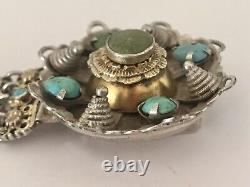 Bracelet Argent Massif Vintage Ancien Floral Ethnique Turquoise Poinconné 78.40g