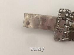 Bracelet Argent Massif Vintage Ancien Floral Ethnique Turquoise Poinconné 78.40g