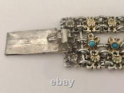 Bracelet Argent Massif Vintage Ancien Floral Ethnique Turquoise Poinconné 78.40g