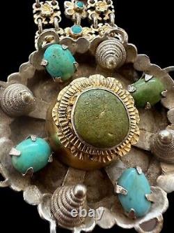 Bracelet Argent Massif Vintage Ancien Floral Ethnique Turquoise Poinconné 78.40g