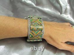Bracelet Berbère Argent Email Maroc, Ancien Bracelet Manchette Argent Maroc