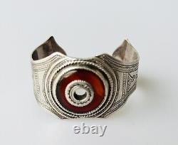 Bracelet En Argent Massif Marocain Fait Main, Sculpté Touareg Ancien Cornaline