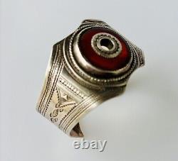 Bracelet En Argent Massif Marocain Fait Main, Sculpté Touareg Ancien Cornaline