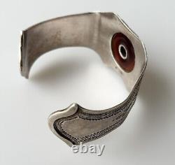 Bracelet En Argent Massif Marocain Fait Main, Sculpté Touareg Ancien Cornaline