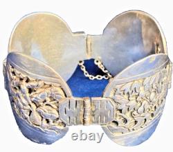 Bracelet Indochine ancien XX s. Poinçonné argent massif motifs nature et récolte