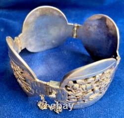 Bracelet Indochine ancien XX s. Poinçonné argent massif motifs nature et récolte