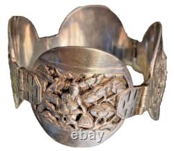 Bracelet Indochine ancien XX s. Poinçonné argent massif motifs nature et récolte