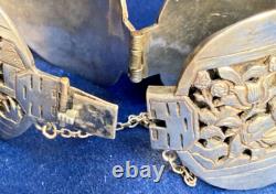 Bracelet Indochine ancien XX s. Poinçonné argent massif motifs nature et récolte