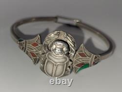 Bracelet Jonc Ancien Argent Massif Scarabée Émaillé Style Égyptien #J5