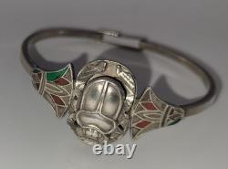 Bracelet Jonc Ancien Argent Massif Scarabée Émaillé Style Égyptien #J5